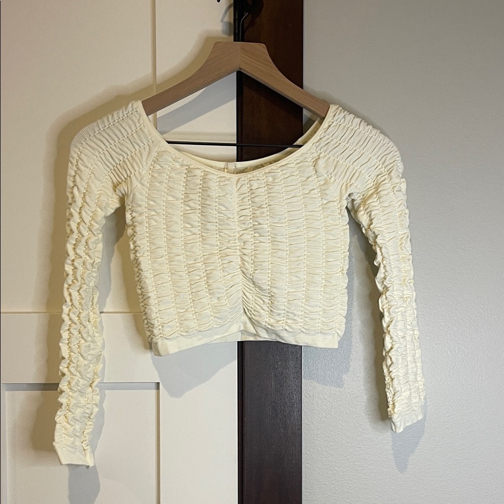 Anthropologie Cream Textured Long Sleeve Cropped Blouse